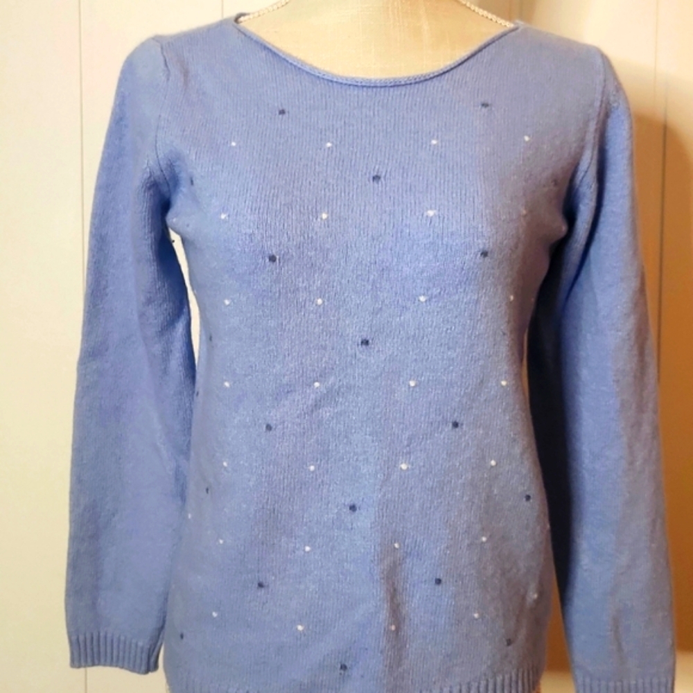 Cashmere Wool  blue feminine soft knit pullover  Crewneck Polkadot Sweater